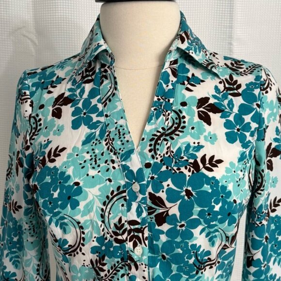 Fred David Women's 3/4 Notched Sleeves, Front Button, Floral Blouse, Aqua/Black - Picture 6 of 6
